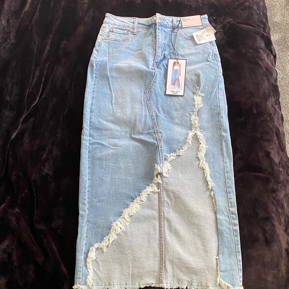 BCBGeneration Denim Maxi Skirt with Distressed Details - Picture 1 of 4